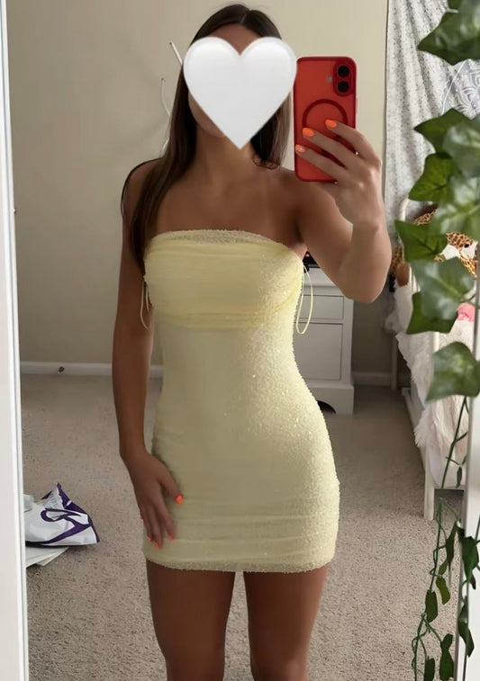Sparkly Sheath Strapless Yellow Sequined Short Homecoming Dress Senior High School University Ideas Inspo Short Hoco Court Gowns RB7295
