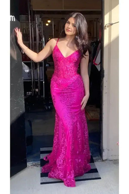 Unique Mermaid Spaghetti Straps Hot Pink Sequin Prom Dresses Long Party Dress 18th Birthday Outfits Graduation Dress RB1029