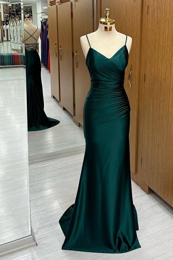 Glitzerndes Meerjungfrauen-Spaghettiträgerkleid aus dunkelgrünem Satin für Damen, langes formelles Ballkleid, 22. Geburtstagskleid AB1362