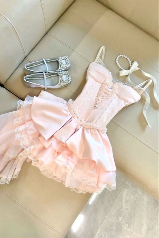 Cute A Line Spaghetti Strap Pink Hoco & Homecoming Dress With Lace Tiered Layers Party Dresses RB6472