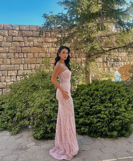 Glitzerndes, trägerloses, langes Meerjungfrauen-Abendkleid in Pink für Damen N4152