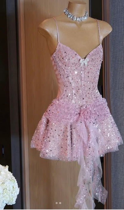 Robe rose à fines bretelles pour 16e anniversaire, paillettes et sequins, coupe trapèze, robes de bal de rentrée N4737