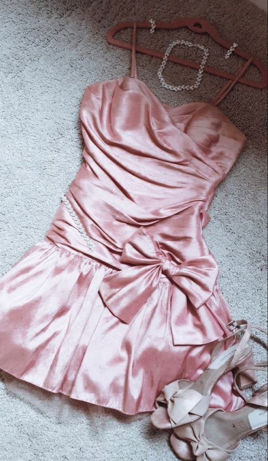 Glitter Sheath Spaghetti Strap Pink Hoco & Homecoming Dress With Bow Party Dresses RB6468