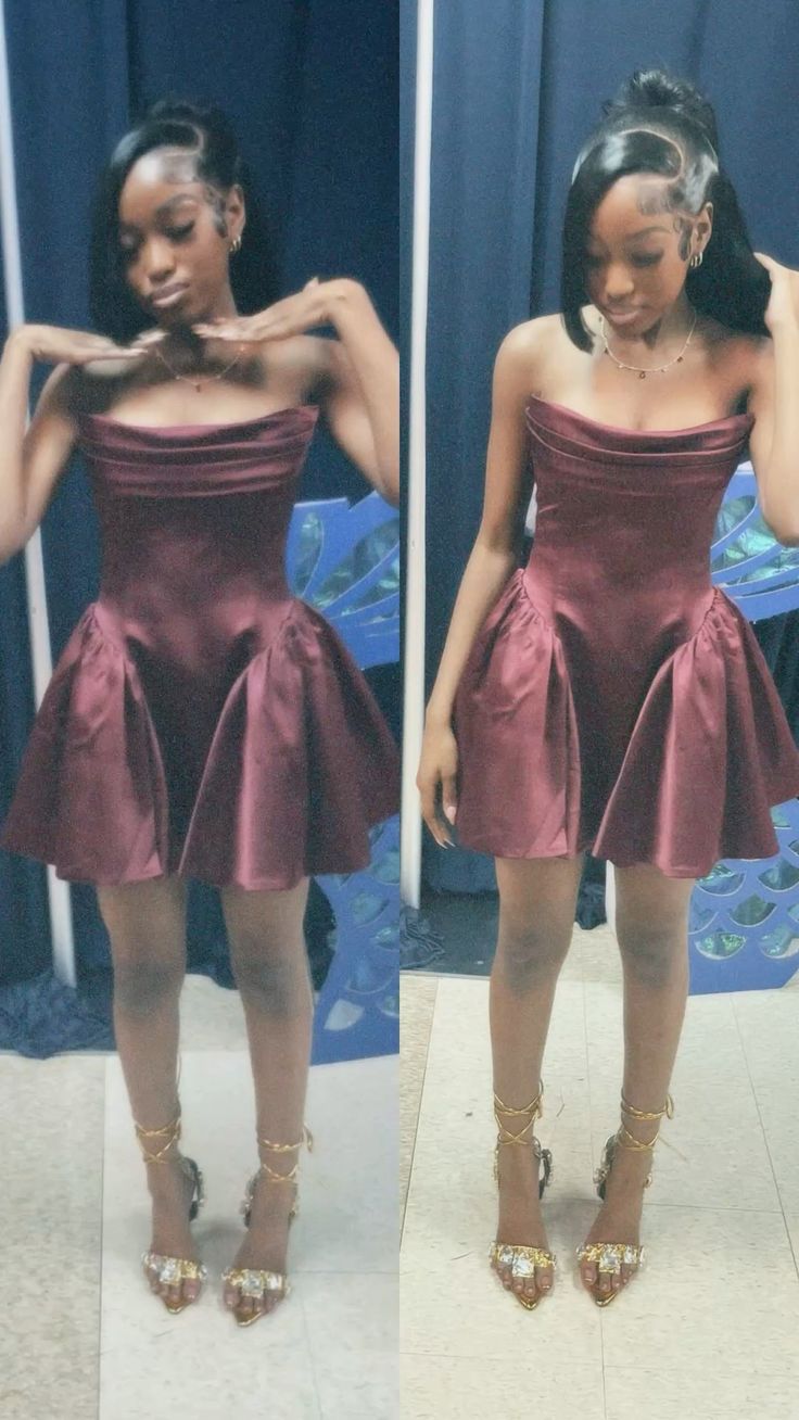 Hübsches Ballkleid Trägerloses Burgunderrot Satin Mini Homecoming Kleider Kurze Outfits zum 16. Geburtstag RB4216