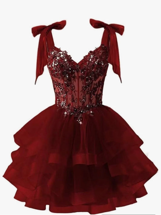 Shimmering Ball Gown Straps With Bow Appliqued Burgundy for Prom Night Short Hoco Gown Homecoming Dresses RB6341