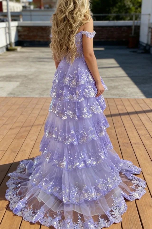 Robe de bal scintillante à épaules dénudées avec fente en dentelle pour adolescentes, robe de soirée longue à sequins N792