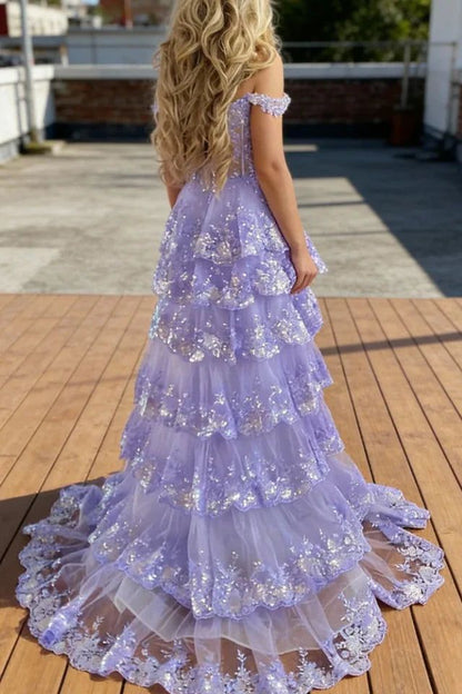 Robe de bal scintillante à épaules dénudées avec fente en dentelle pour adolescentes, robe de soirée longue à sequins N792
