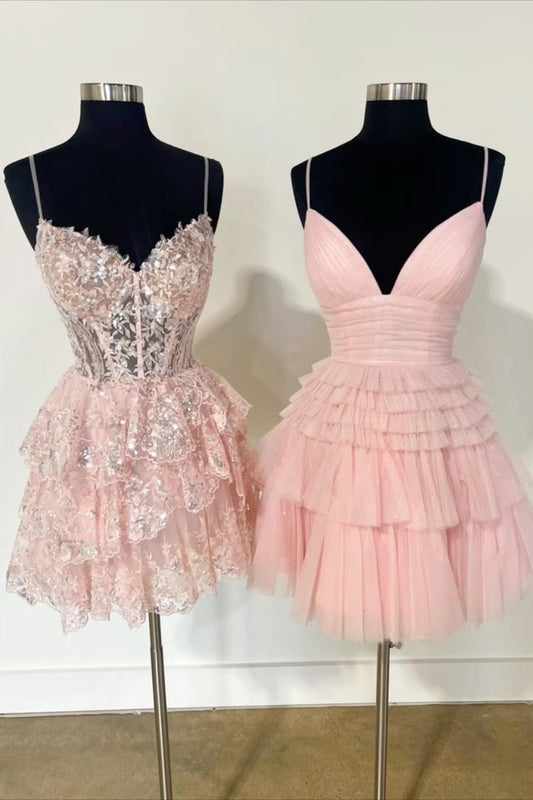 Cute Ball Gown Spaghetti Straps Pink Short 15th Birthday Dress Middle School Semi Homecoming Dresses Cocktail Outfits RB009