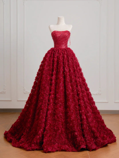 Robe de bal intemporelle bustier en tulle fleuri bordeaux, inspiration robe de soirée N402