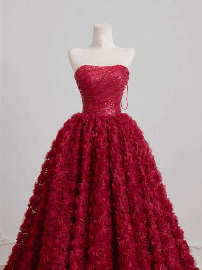 Robe de bal intemporelle bustier en tulle fleuri bordeaux, inspiration robe de soirée N402