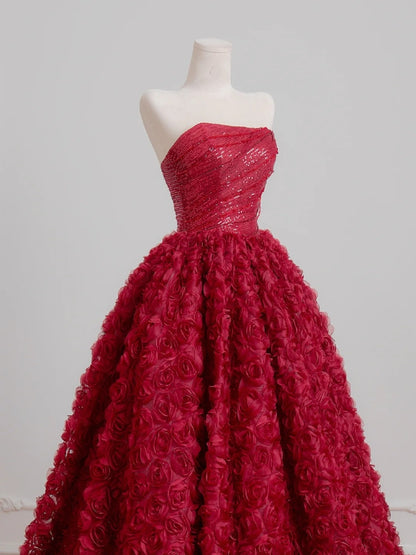 Robe de bal intemporelle bustier en tulle fleuri bordeaux, inspiration robe de soirée N402