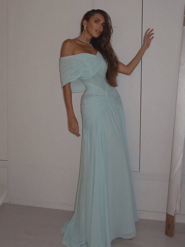 Sexy Meerjungfrauen-Abendkleid aus hellblauem Chiffon mit schulterfreiem Ausschnitt, langes Partykleid AB2139