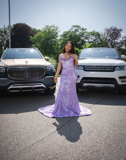 Funkelndes, langes Pailletten-Meerjungfrauenkleid in Lila mit Herzausschnitt – Inspiration für Abendkleider für Damen, formelles Party- und Ballkleid AB1258