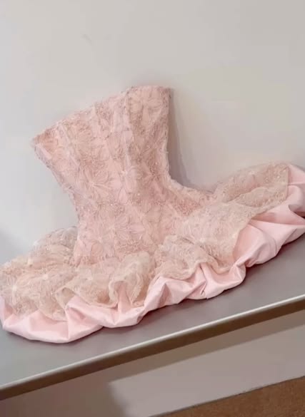 Cute Ball Gown Hoco & Homecoming Dress Strapless Pink With Lace Short Party Dresses RB6453
