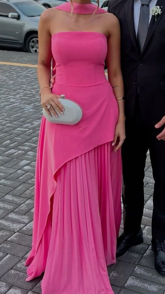 Modest Sheath Strapless Hot Pink Chiffon Prom Dresses Inspo Simple Long Prom Gowns With Scarf AB257