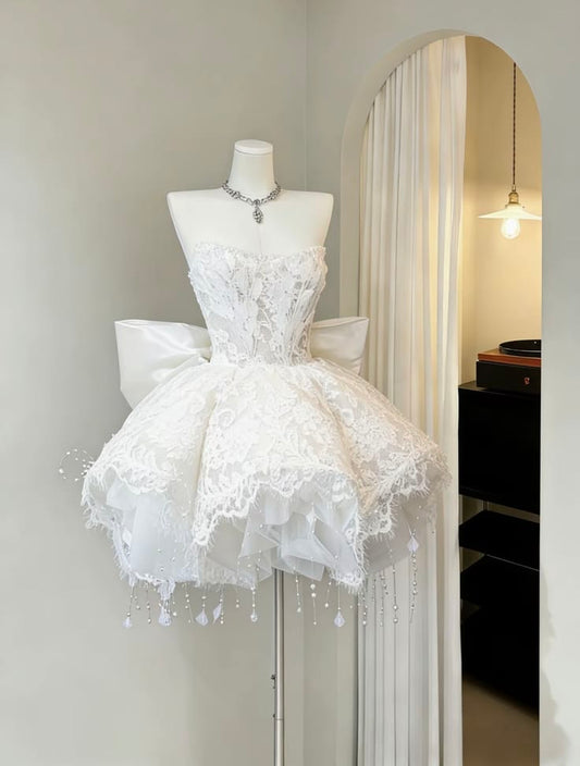Cute Ball Gown Sweetheart White Lace Mini Hoco & Homecoming Dress Ideas Senior High Schools Party Dresses RB6479