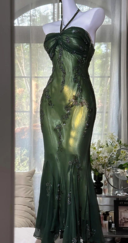 Vintage Meerjungfrauen-Abendkleid mit Neckholder, Chiffon, Perlenbesatz, dunkelgrün, langes formelles Kleid, Abschlusskleid N1617