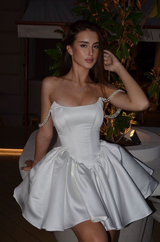 Modest Ball Gown Straps White Satin With Pearls Short Brides Gown Bridal Dress Wedding Dresses RB6551