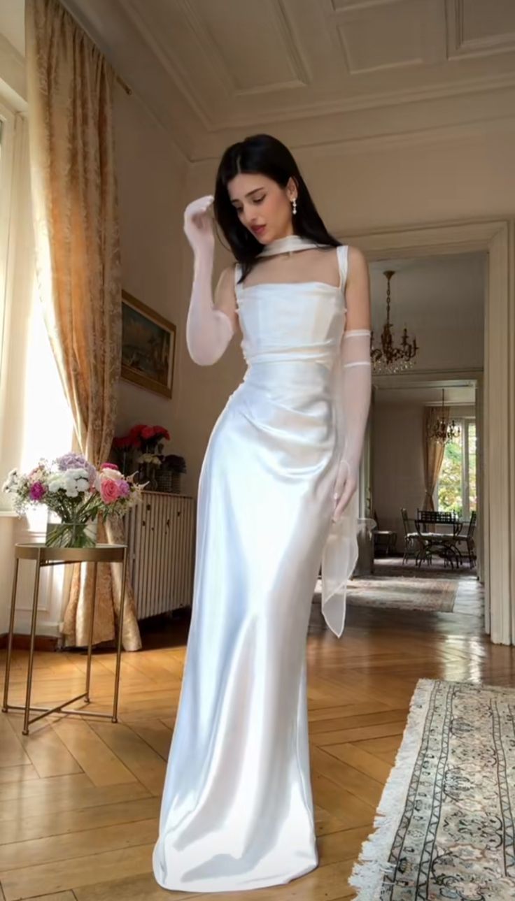 Einfaches, weißes Satin-Abendkleid im Meerjungfrauenstil mit eckigem Ausschnitt, langes formelles Abendkleid, Hochzeitsgastkleid, Partykleid N361