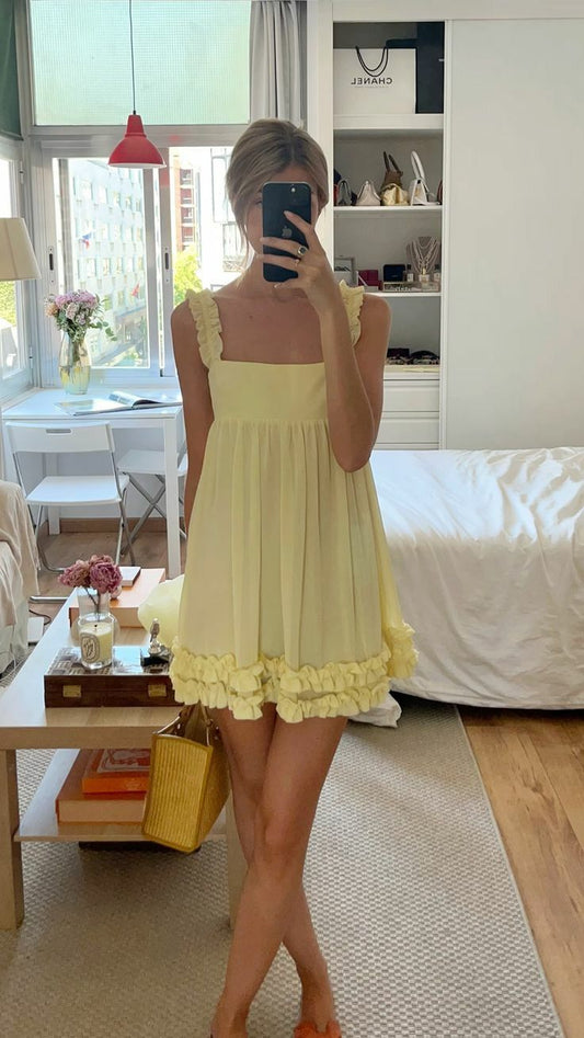 Unique A line Square Neck Chiffon Yellow Short Mini Hoco & Homecoming Dress Inspo Graduation Dresses RB6480