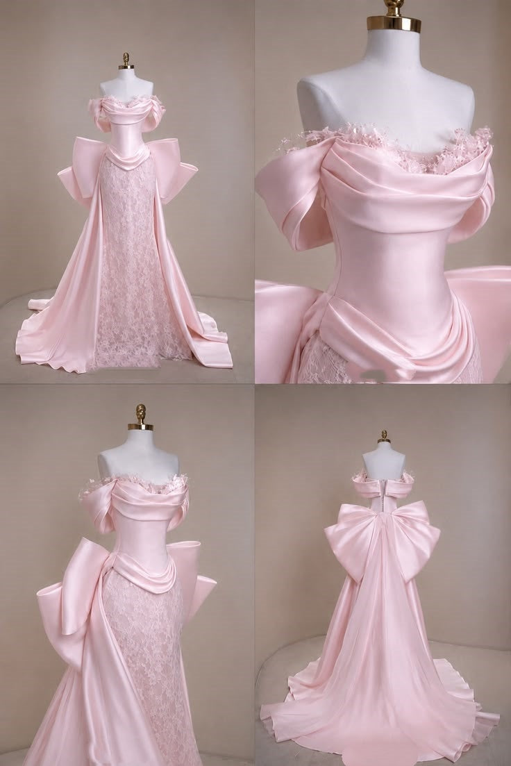 Prom Dress Mermaid Off The Shoulder Pink Satin Lace Ruffled Floor Length High School Graduation Party Dress RC1068