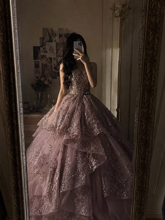 Pink Prom Dress Sweetheart Ball Gown Lace Floor Length Formal Gown Graduation Gown RB9514