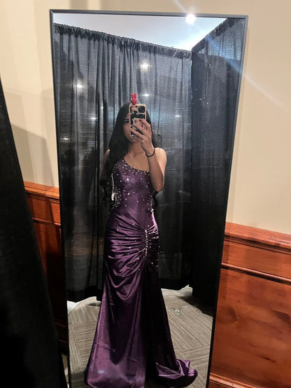 strapless open back dress Vintage Mermaid One Shoulder Grape Satin Sleeveless Long Prom Dresses –  RubyFashionDress