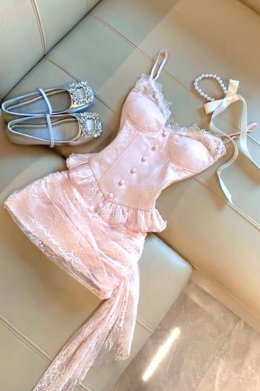 Cute A Line Spaghetti Strap Pink With Bottons Hoco & Homecoming Dress Mini Party Dresses RB6481