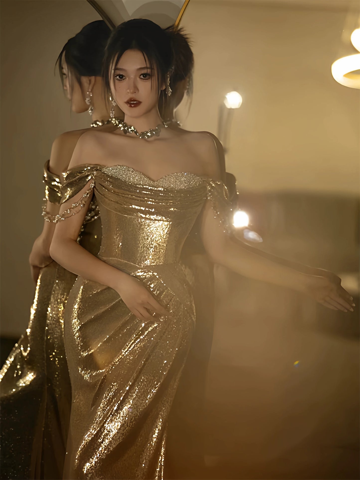 Mermaid Off The Shoulder Gold Sequin Short Sleeves Prom Dresses Inspiration Long Night Outfits Birthday Outfit AB2211