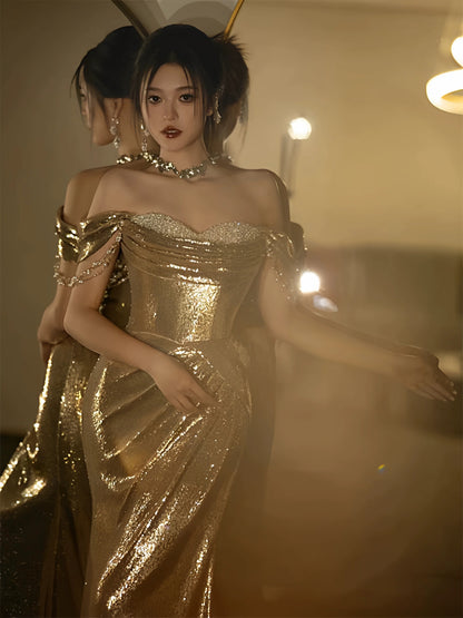 Mermaid Off The Shoulder Gold Sequin Short Sleeves Prom Dresses Inspiration Long Night Outfits Birthday Outfit AB2211