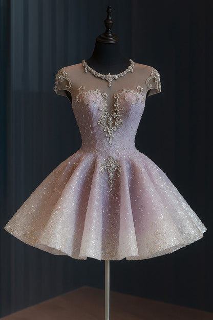 Sparkly Ball Gown Scoop Pink Sequined Short Party Outfit Birthday Homecoming Dresses Cocktail Outfits RB6285