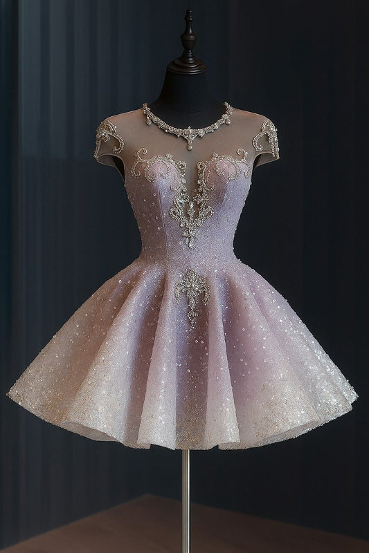 Sparkly Ball Gown Scoop Pink Sequined Short Party Outfit Birthday Homecoming Dresses Cocktail Outfits RB6285