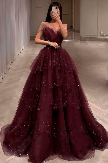 Wunderschönes, staubblaues, glitzerndes Tüll-Abendkleid mit Perlenbesatz, gestuftes Abendkleid mit Strasssteinen, AS161