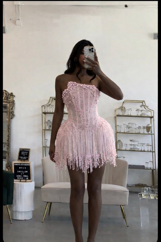 Unique A line Strapless Pink With Pearls Short Mini Hoco & Homecoming Dress Inspo Graduation Dresses RB6484