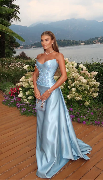Meerjungfrauen-Abendkleid, trägerlos, blau, aus Satin mit Spitzenapplikationen, lang, für Damen, AB1470