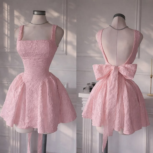 Lovely Ball Gown Square Neck Pink Lace Short Party Dresses Homecoming Dress Cocktail Gown RB8961