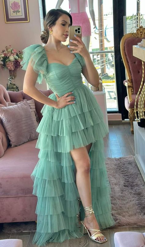 Modest Ball Gown Square Neck Tulle Sleeveless High Low Prom Dresses Party Dress 22th Birthday Outfits Graduation Dress RB020