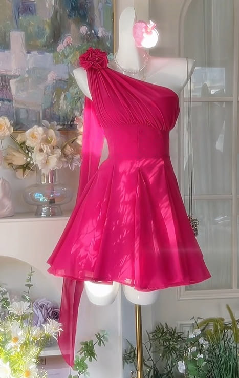 Sweet 16 dress Hoco dress A line One Shoulder Hot Pink Short Homecoming Dresses Inspo Graduation Outfit RB6674