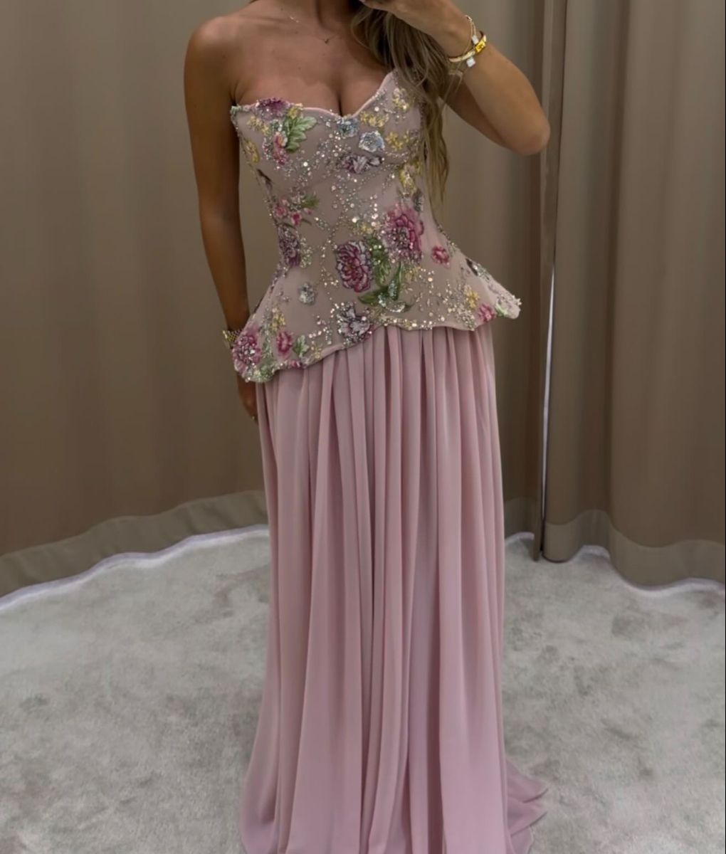 Modest Prom Dresses A Line Sweetheart Pink Chiffon With 3D Appliques Floor Length Long Formal Dress RC1302