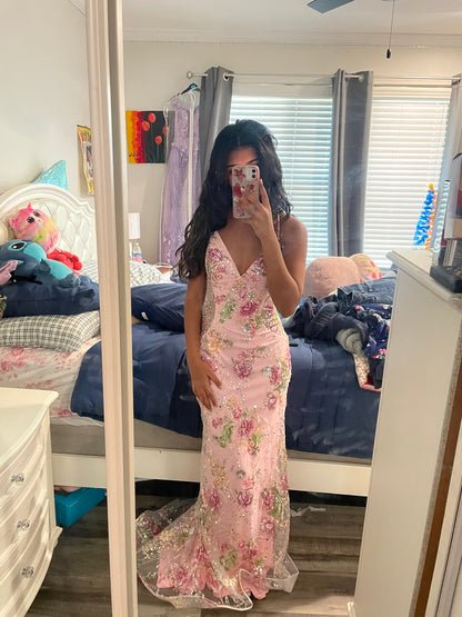 Sparkly Mermaid Pink Floral Halter Neck Backless Long Prom Dress Floor Length Formal Dress RC1304