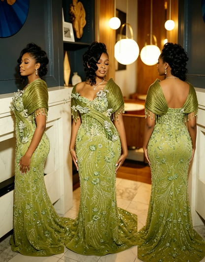 Robe de soirée longue élégante verte à sequins étincelants, coupe sirène moulante pour femme N4084