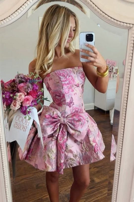Stunning Jacquard A-Line Empire-Waist Strapless Short Homecoming Dress with Bow RB6433