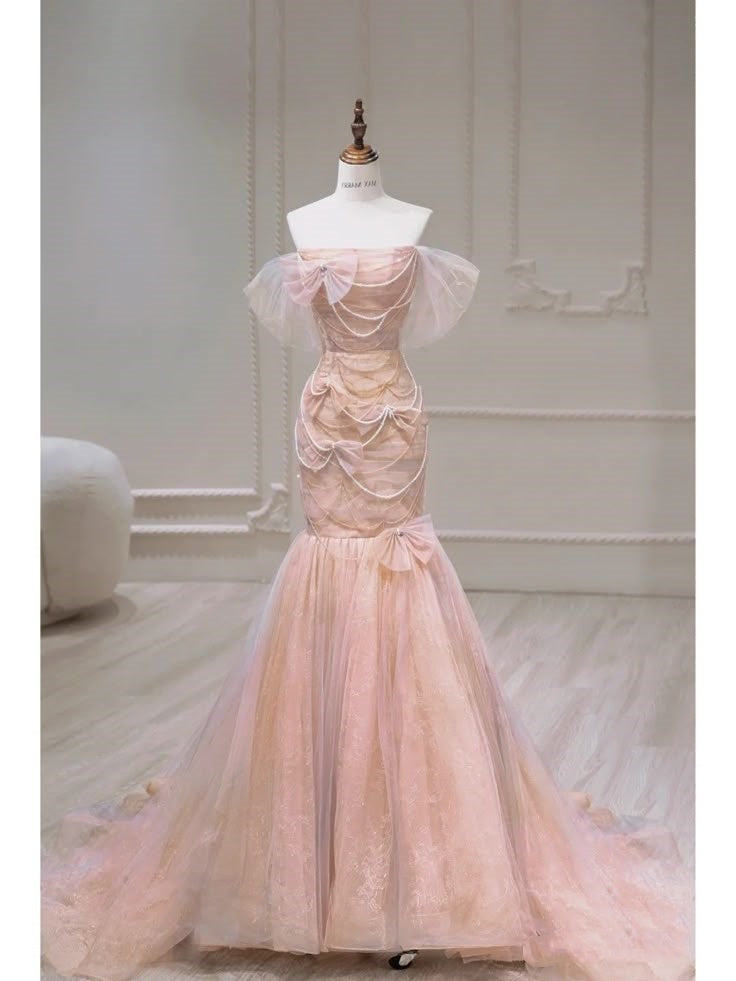 Prom Dress Mermaid Off The Shoulder Blush Pink Tulle Ruffled Bows Floor Length High School Graduation Party Dress RC1071