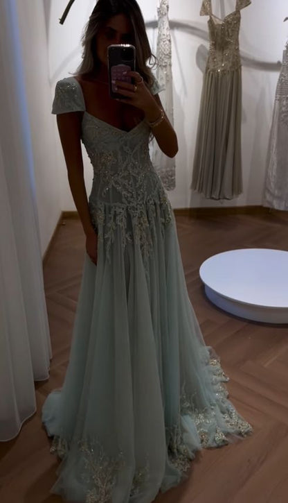 Fairy-tale A Line Exquisite Beaded Tulle Prom Dress Wedding Guest Dress Dinner Outfits Party Gowns AB2198