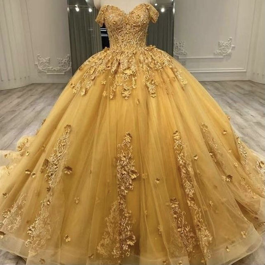 Charming Ball Gown Off The Shoulder Gold Tulle Long Quinceanera Dress Sweet 15 16 Dresses AB297