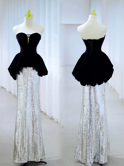 Robe de bal longue en dentelle noire pailletée argentée, robe de soirée pour 19e anniversaire, tenue de graduation N2844