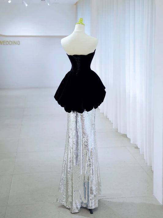 Sexy Meerjungfrau Sweetheart Schwarzes Oberteil Silber Pailletten Langes Ballkleid Partykleid 19. Geburtstag Outfits Abschlusskleid N2844