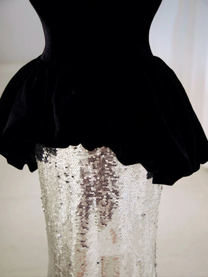 Robe de bal longue en dentelle noire pailletée argentée, robe de soirée pour 19e anniversaire, tenue de graduation N2844
