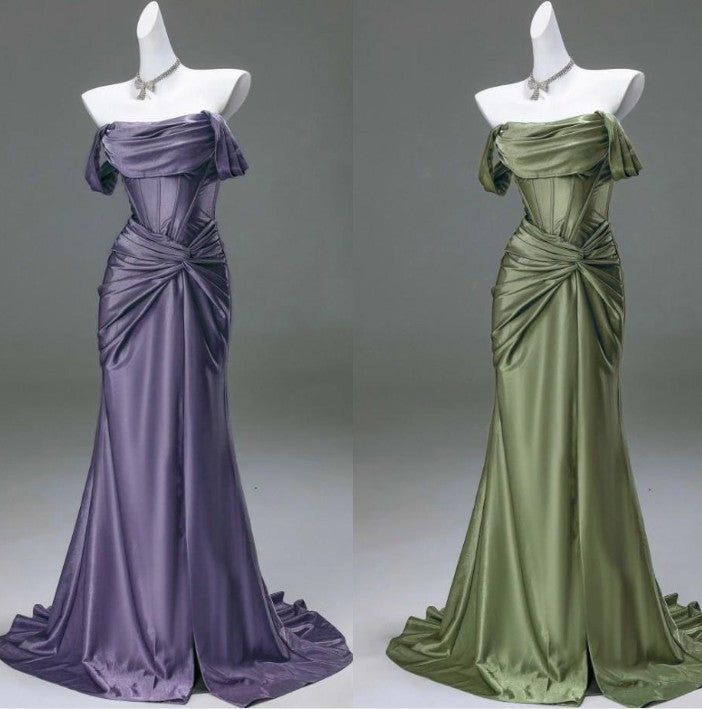 Elegant Pleated Satin Formal Mermaid Evening Dress,Fahsion Graudation Prom Dresses With Off-The-Shoulder N1870