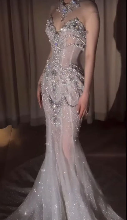 Wunderschönes Meerjungfrauen-Abendkleid aus Tüll und Perlen, langes Ballkleid, formelles Abendkleid, Partykleid AB1170